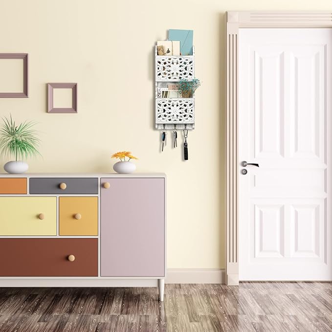 Key and Mail Holder for Wall Mail Holder for Wall | 2-Slot Mails Organizer with 3 Hooks, Key Hangers Rustic Wooden Walls Organizers for Letter Magazines