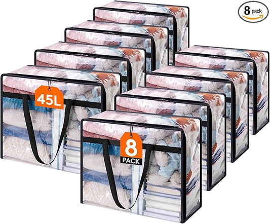 Lifewit 8 Pack Clear Clothes Storage Bags, 45L Plastic Blanket Storage Bag, Vinyl Foldable Moving Bags with Zipper, Closet Organizers and Storage Containers for Bedding, Duvet, Comforter