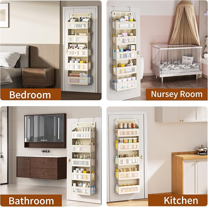 AQOOA 5-Tier Over The Door Organizer 44 lbs Capacity fit Standard Doors | Over the Door Storage with10 Side Pockets Behind Door Storage, Closet Door Organizer Hanging Shelf for Bathroom, Beige