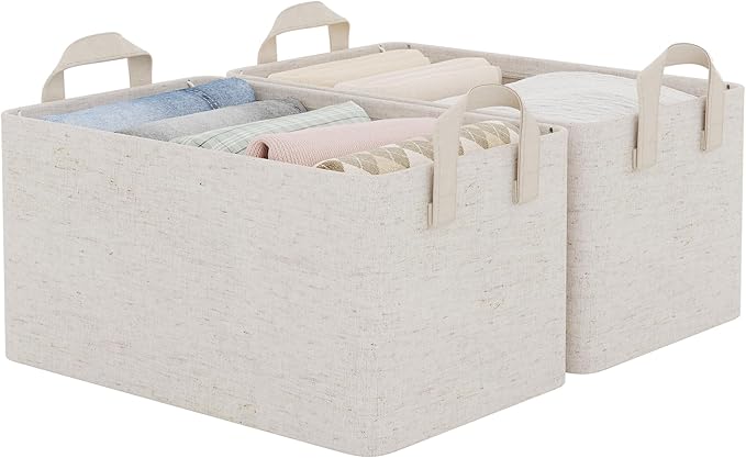 StorageWorks Storage Bins, Shelves Baskets for Organizing, Fabric Closet Organizers with Handles, Metal Frame, Beige-Cotton-linen, 2-Pack