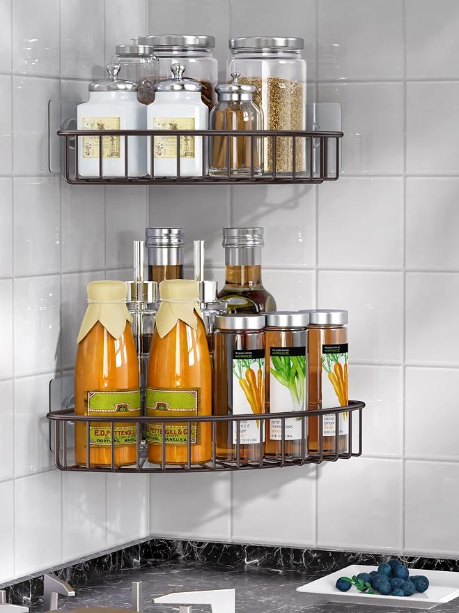 SMARTAKE 2-Pack Corner Shower Caddy, SUS304 Stainless Steel, Bronze | Wall Mounted Bathroom Shelf with Adhesive, Storage Organizer for Toilet, Dorm and Kitchen