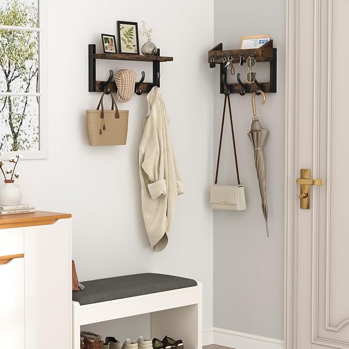 Evermagin 29" Coat Rack Wall Mount with Shelf for Entryway, Rustic Brown | Wall Mounted Coat and Key Rack with Hooks, Key Holder with Mail Organizer for Wall, Living Room, Mudroom, Bedroom