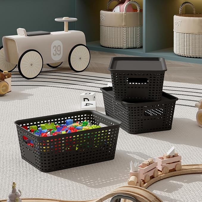 Resze 6 Pack Plastic Breathable Storage Baskets with Lids, Black | Organizer Bins& Containers for Pantry, Desktops, Cabinet, Closet, Offices Organization Toys, Space Saving, Easy-Carry Handles