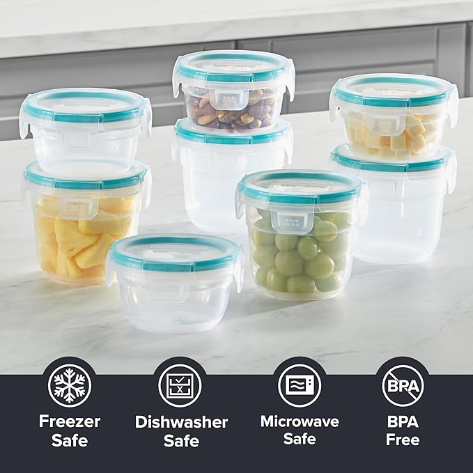 Snapware Plastic Total Solution 16-Pc Food Storage Containers Set, (4) 2-Cup & (4) 1.2-Cup Round Meal Prep Container, Plastic BPA-Free Lids with 4 Locking Tabs, Microwave, Dishwasher, and Freezer Safe