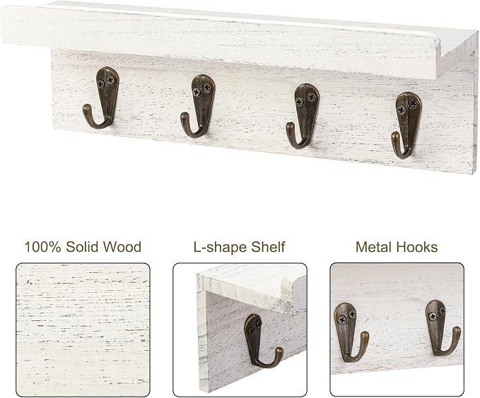 HRONRAD Rustic Key Holder for Wall, Farmhouse Wall Shelf with 4 Hooks, Wall Mounted Key Racks, Wooden Mail Organizer with Hooks for Entryway (White)