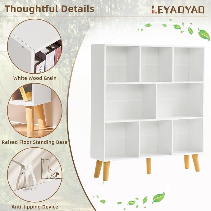 LEYAOYAO 8 Cube Bookshelf, Mid-Century Modern Book Shelf with Legs, White | 3 Tier Bookcase, Rustic Wood Bookshelves Freestanding Large Storage Organizer, Open Shelves for Bedroom, Living Room, Office