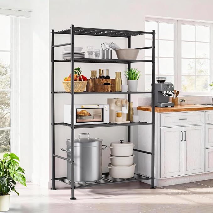 BolDuck 5 Tier Shelf Organizer Rack, Metal Shelving Unit with Adjustable Leveling Feet, Space-Saving Storage Shelves for Garage Closet Laundry Bathroom Kitchen Pantry, 33.07”Wx12.6”Dx72.04”H,Black