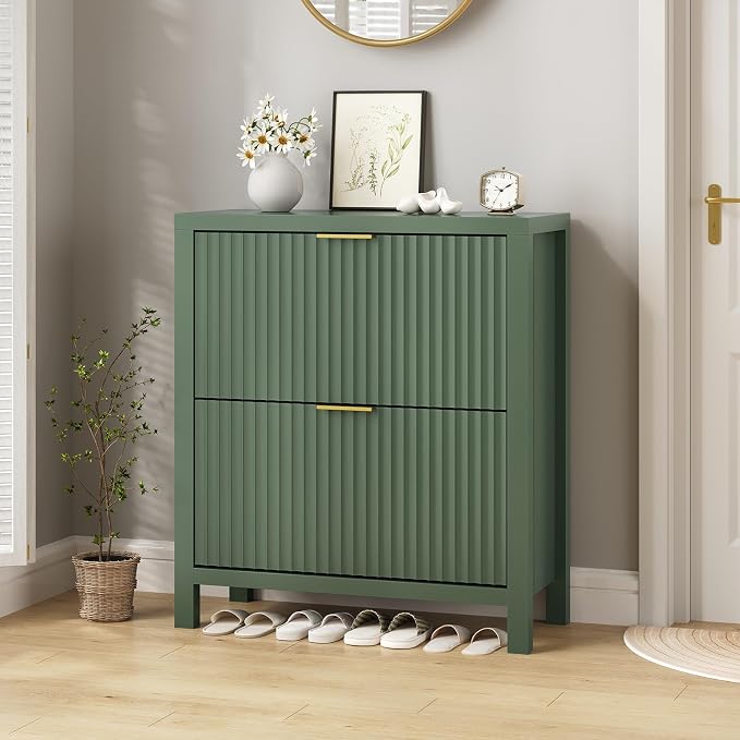 YOMILUVE Fluted Shoe Storage Cabinet with 2 Flip Drawers, Freestanding Shoe Organizer, Hidden Slim Narrow Shoe Rack for Entryway, Hallway, Green