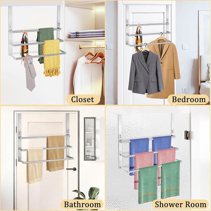 24Inch Brushed Nickel Over the Door Towel Rack, VOTZAAQ Stainless Steel Over Door Towel Holder, Door Towel Hanger with 3 Tier Towel Bars, Over Door Towel Storage for Bathroom