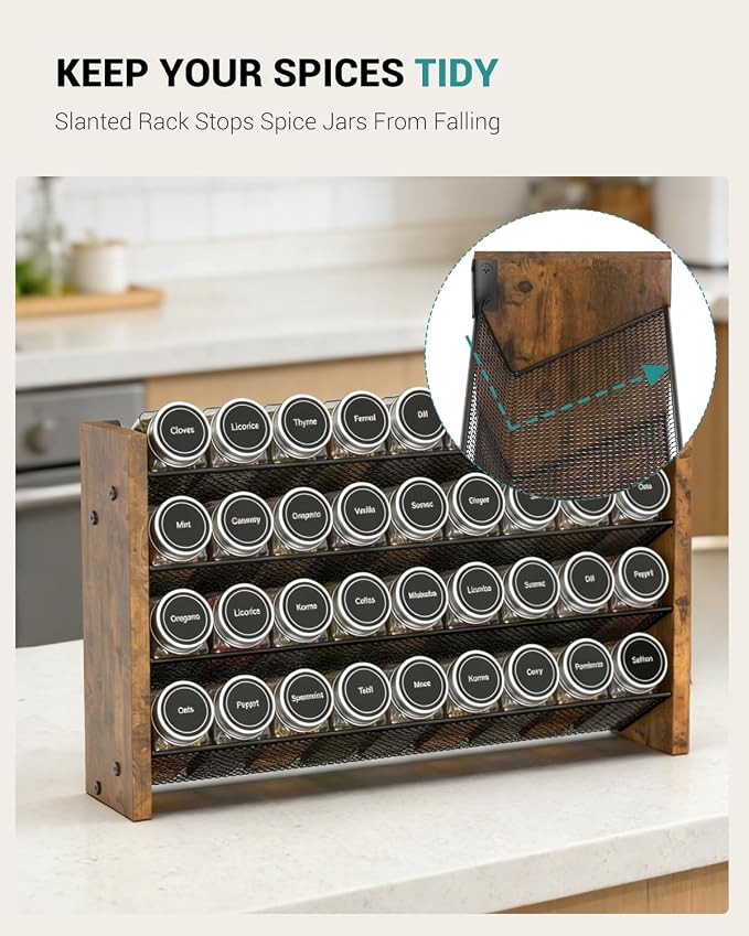 NESAPTO Spice Rack Organizer for Cabinet, Wood 4-Tier Vertical Seasoning Organizer, Wall Mount or Countertop Spice Shelf, Holds 36 Jars (No Jars Included), 17.2" W x 10.3" H