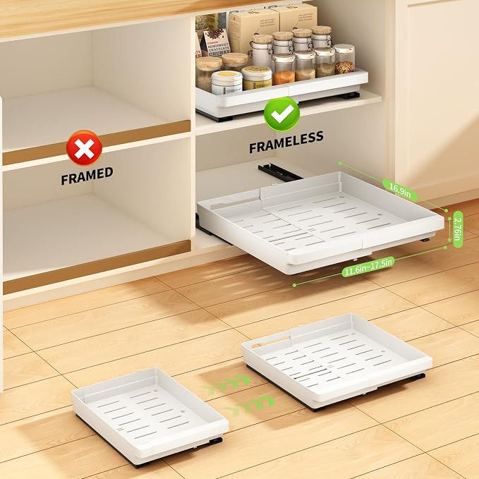 DOMNIU Pull Out Cabinet Organizers Expandable,White,16.9" Depth,4 Pack | Plastic Slide Out Drawers for Kitchen, Bathroom, Pantry, Under Sink Storage, Fixed with Adhesive Nano Film (11.6''-17.5'')