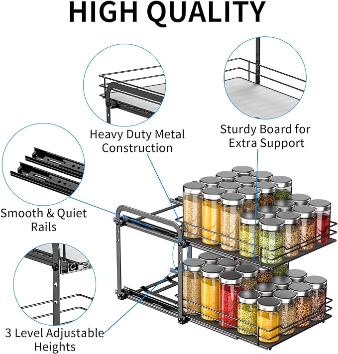 RCHYFEED 2 Tier Pull Out Spice Rack Organizer for Cabinet,9.5" Wx10.5Dx9.5H | Height Adjustable Spicy Shelf Metal Sliding Out Spice Rack Heavy Duty Vertical Spice Shelf for Inside Cabinets & Pantry