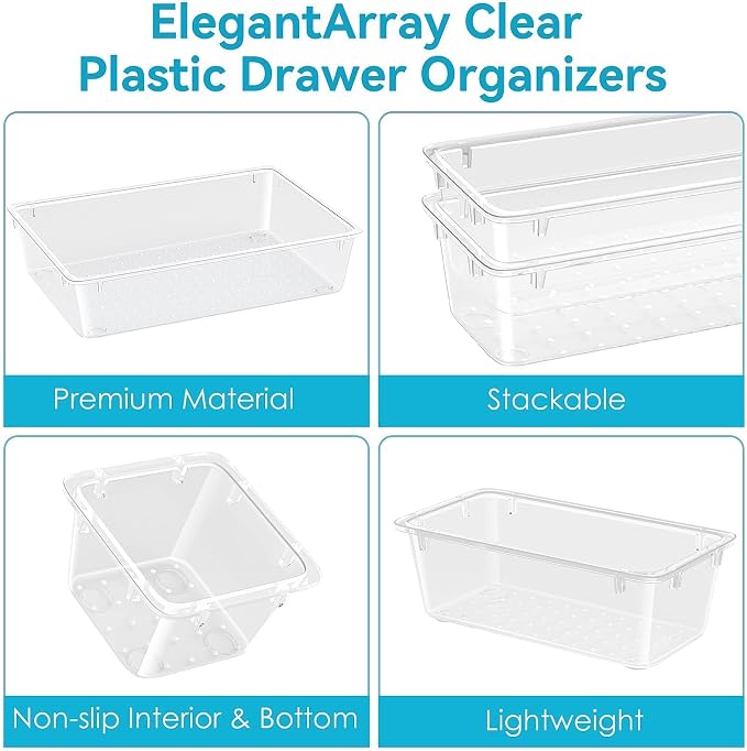 12 PCS Drawer Organizer Set, Makeup Organizers, Tool Storage Trays | 4 Sizes, Plastic, Stackable, Multiple Gadgets, Desk Drawer Divider Organizers, for Makeup, Office Supplies Storage