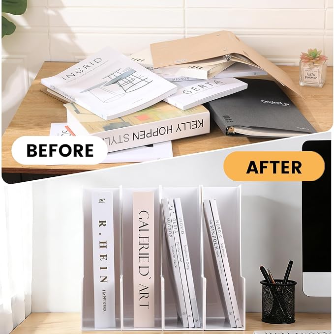 CiWiVOKi Vertical Magazine File Holder, 4 Pack, White | Desktop File Organizers for Magazines, Binders, Notebooks and Paperwork with Space-Saving Vertical Storage