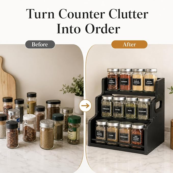 3 Tier Spice Rack Organizer for Cabinet, Wood Spice Shelf Storage, Kitchen Seasoning Organizer for Kitchen Countertop or Pantry, Spice Bottles, Bottles, Black