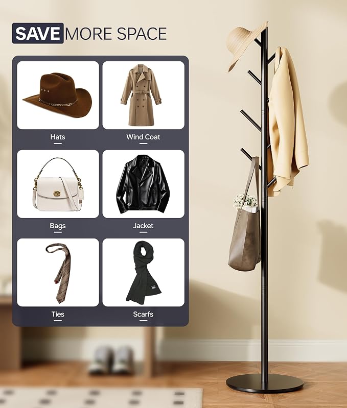 Coat Rack with 8 Hooks, 3 Adjustable Heights, Modern Hall Tree, Sturdy Metal Clothes Stand with Sintered Stone Base for Entryway, Office, Bedroom, for Coats, Hats, Handbags and Scarves, Black