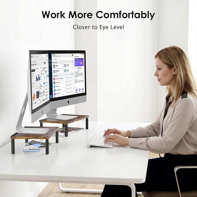 Adjustable Monitor Stand Riser for Desk, Computer & Laptop Stand, Desk Organizers and Accessories, Office Desk Accessories & Workspace Organizer for Home Office, Brown Wood 2-Pack