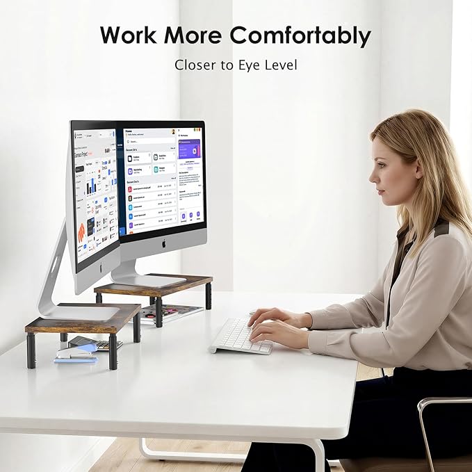 Adjustable Monitor Stand Riser for Desk, Computer & Laptop Stand, Desk Organizers and Accessories, Office Desk Accessories & Workspace Organizer for Home Office, Brown Wood