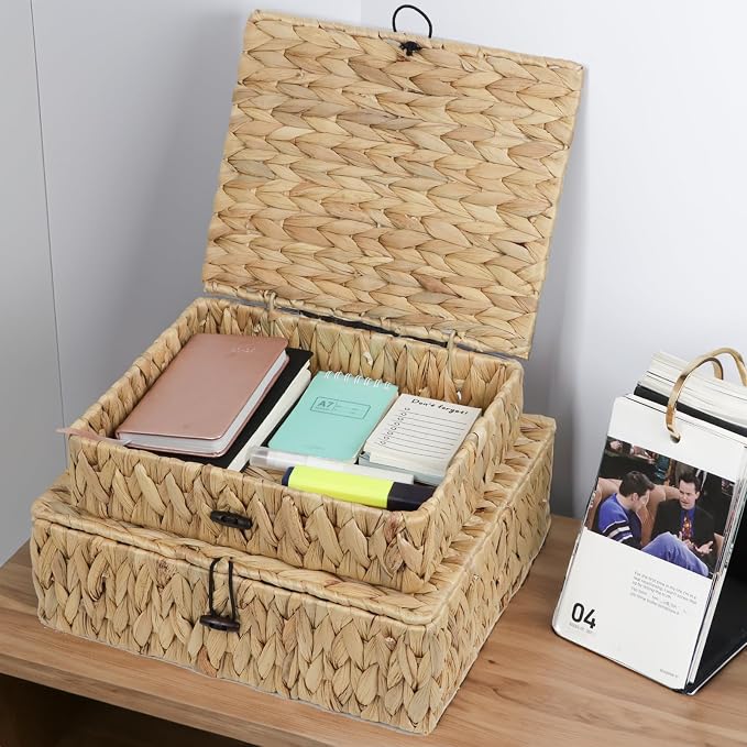 Water Hyacinth Wicker Storage Basket with Lid, Large | Rectangular Woven Box, Shelf Organizer Bin, Multipurpose Home Storage, Decorative Basket, Natural Decor