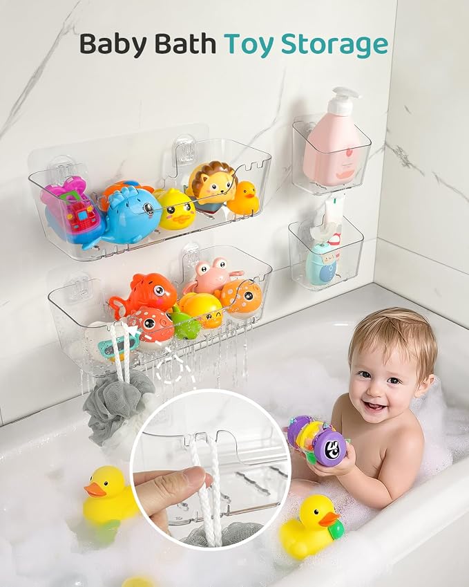 Bath Toy Storage Organizer 2+2 Pack, Bath Toy Holder with Drain Holes | Durable Plastic Bathtub Toy Storage for Bathroom, Quick-Dry Drainable Shower Caddy, Easy to Clean (Clear 2+2 Pack)