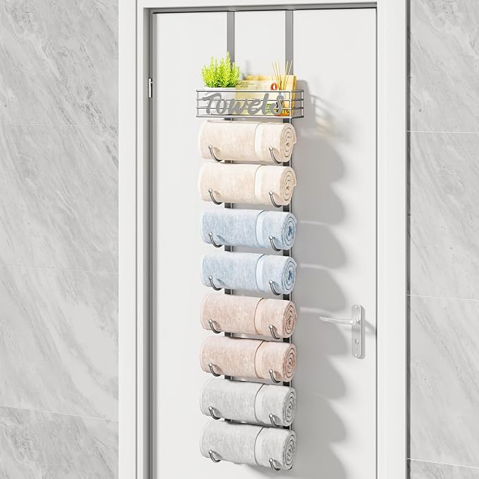HapiRm Towel Racks for Bathroom Storage - 9 Tier Over The Door & Wall Mount Rolled Towel Storage Organizer Holder with Metal Shelf Basket for Small Bathroom, Camper, Rv - Sliver, Patented