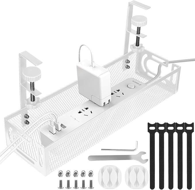 Cable Management Under Desk, Under Desk Cable Management Tray | No Drill Cable Tray, Metal Mesh Cord Organizer, cable organizer with Clamp for Standing Desk, Desk Organizer for Home Office