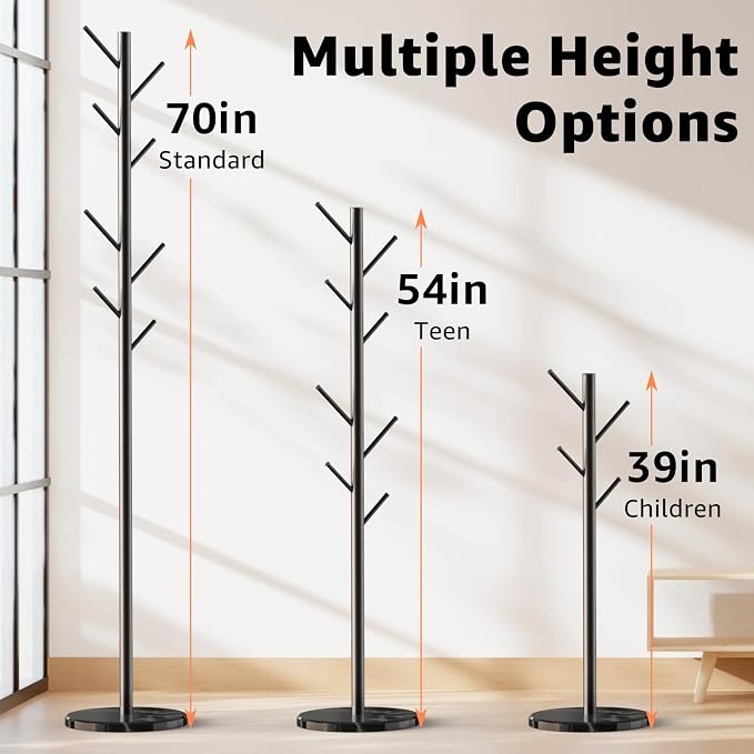 HzTinT Coat Rack with Natural Marble Base, Metal Freestanding Coat Rack with 8 Hooks, 3 Adjustable Size Sturdy Coat Tree for Bags, Coats, and Hats for Entryway, Hallway, Bedroom, Office, Black | 8 Metal Hooks, Holds Coats, Bags & Hats, For Entryway, Be...