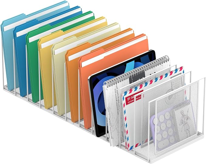 File Organizer For Desk, 11 Section Metal Desk File Sorter, White | Desk file organizer, connectable 11 section design, 2.17 in spacing, vertical folder storage for home office and classroom