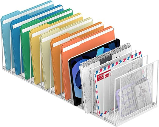 File Organizer For Desk, 11 Section Metal Desk File Sorter, White | Desk file organizer, connectable 11 section design, 2.17 in spacing, vertical folder storage for home office and classroom
