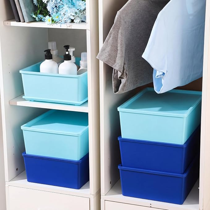 6 Pcs Large Plastic Storage Bins with Lids 14.4 x 10.4 x 5.1 Inch Stackable Storage Containers Decorative Cubby Organizer for Clothes Shelves Garage Closet Office (Blue Series)