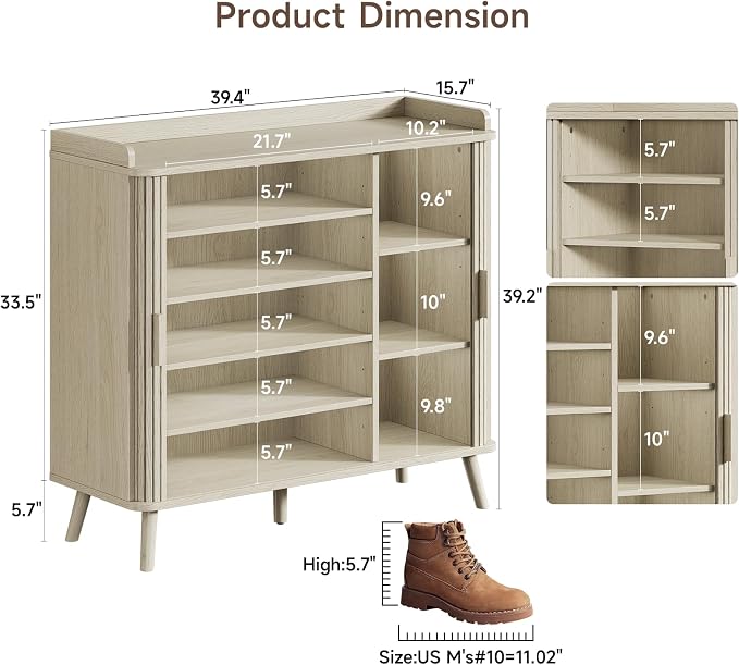 Shoe Cabinet with Sliding Door, 5-Tier Hidden Shoe Rack with Adjustable Shelves, Wooden Shoe Storage Organizer with Open Bottom Space, Freestanding Shoe Shelf for Entryway (Natural White)