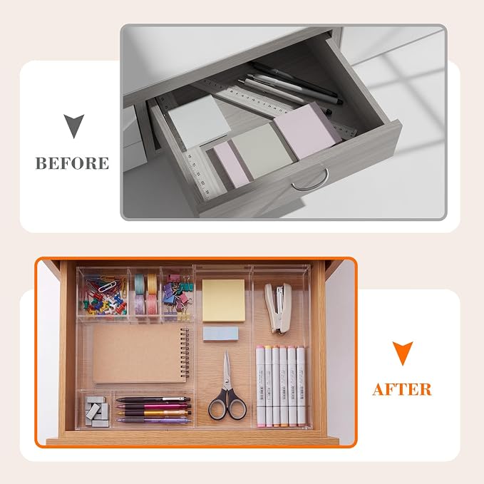 Briwooody Clear Acrylic Drawer Organizer Expandable,11 Compartments,Small | 9'' up to 18'' x 12'' x 2.1'' Desk Drawer Organizer Trays Adjustable with Desk Accessories for Makeup Office Bathroom