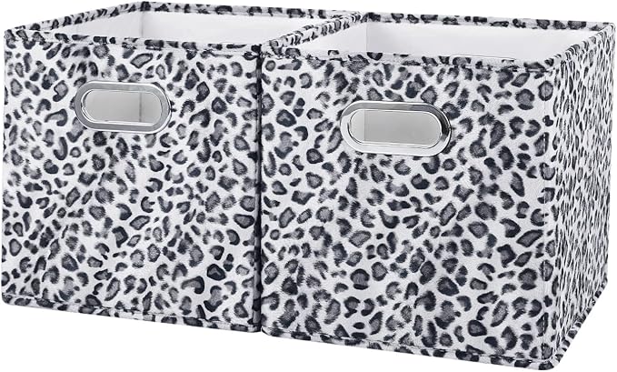 ANMINY Leopard Cheetah Print Storage Cubes Bins, Velvet, Gray, 11Inch 2PCS | Collapsible & Washable, PP Board Frame, Built-in Metal Handles, Animal Themed Fabric Cubes Baskets for Closet Shelves Decor