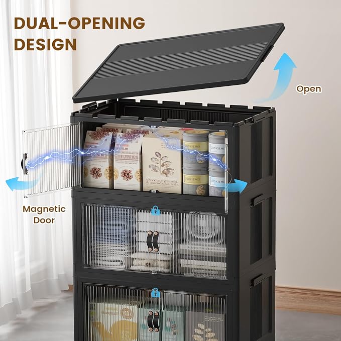 SAILUN 260Qt Stackable Storage Bins Folding Collapsible Storage Bins with Lid, Closet Organizers and Storage Box with Door Black 22" W x 13" D x 50" H