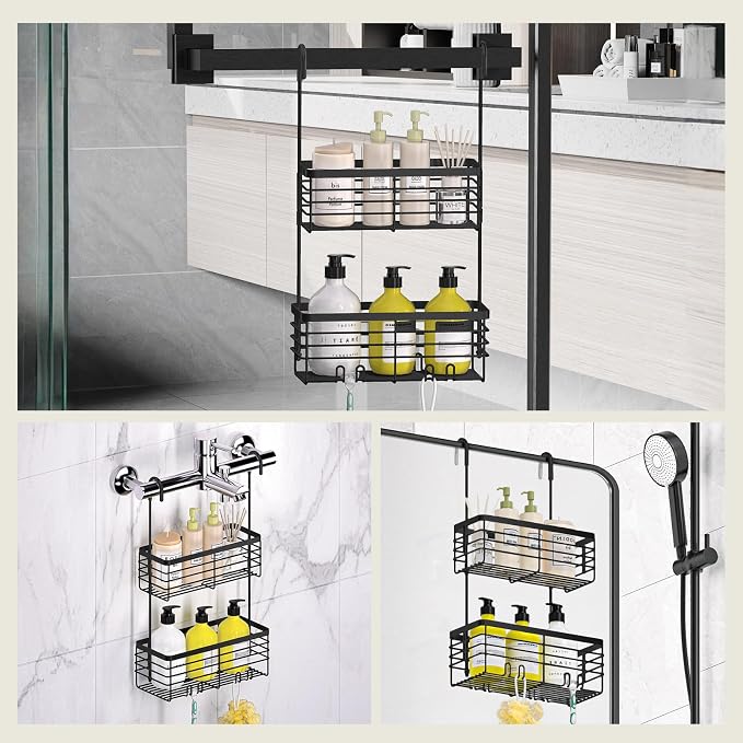 DELLAN 2-Tier Shower Hanging Caddy, Shower Rack with Hooks, Black | Over the Door Stainless Steel Hanging Orangizer and Basket