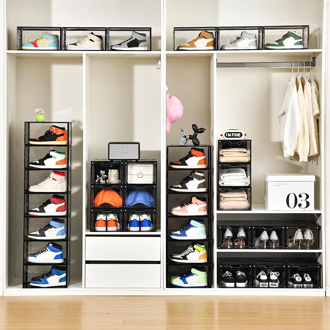 Stebopum 12 Pack Stackable Shoe Storage Organizer with Magnetic Door, Shoe Boxes Clear Black Plastic for Closet, Shoe Rack for Sneaker Boot Container, Shoe Cabinet Fit up to US Size 12