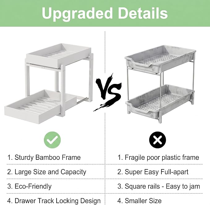 MHXW SXPN Bamboo Under Sink Organizer, 2 Pack Pull Out Cabinet Organizer | 2 Tier Vertical Smooth Slide Out Undersink Storage Shelf | Multi-Purpose Organizer Shelves for Kitchen Bathroom Medicine