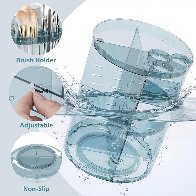 Rotating Makeup Organizer, DIY 8 Adjustable Layers Spinning Skincare Storage, Cosmetic Display Case with Brush Holder and Perfume Tray, Multi-Function Vanity Bathroom Countertop Organizer Clear Blue