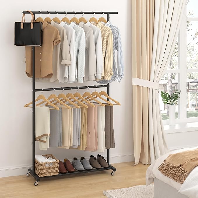 Sywhitta Double Rod Metal Clothing Rack on Wheels with Bottom Mesh,Black | Rolling Garment Organizer, for Hanging Clothes,Coats,Easy to Assemble,Space-Saving,Mobile Organizer for Closet