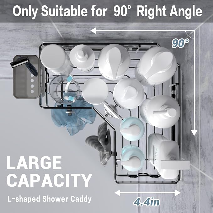 AKTECKE Corner Shower Caddy, 2 Pack Adhesive Shower Corner Organizer Shelves, No Drilling Stainless Steel Shower Storage Rack with Hooks&Toothpaste Holder for Bathroom Kitchen （for 90° Corners Only）