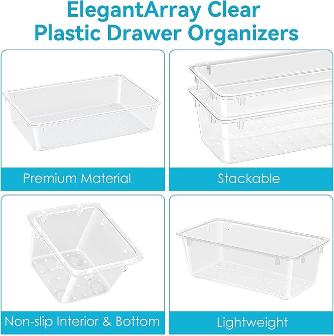 24 PCS Drawer Organizer Set, Makeup Organizers, Tool Storage Trays | 4 Sizes, Plastic, Stackable, Multiple Gadgets, Desk Drawer Divider Organizers, for Makeup, Office Supplies Storage