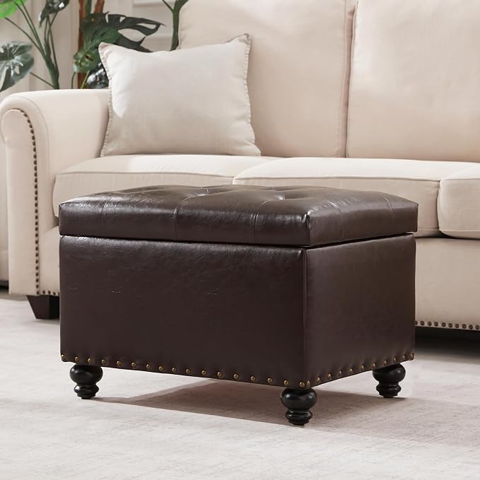Zihanhome Leather Ottoman with Storage, Upholstered Button Tufted Ottoman Foot Rest, Foot Stools, 24" Rectangle Ottomans with Storage for Living Room, Bedroom, Dorms and Apartments (Brown-PU)