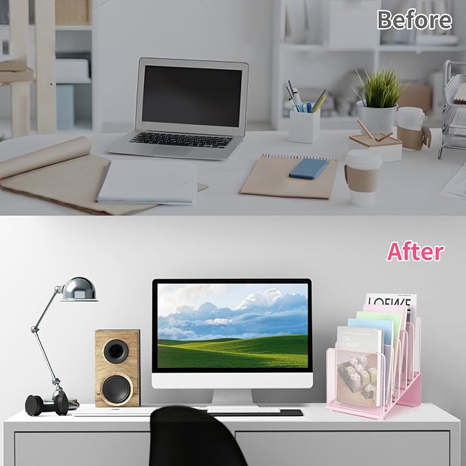 LEKETREE File Organizer for Desk, Desk Organizer with 5-Section Vertical File Rack, Folder Organizer,Workspace Organizers (Pink)