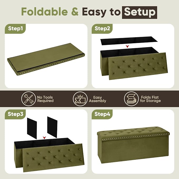 Velvet Storage Ottoman Bench, 43.3" Upholstered Tufted Ottoman with Storage, Folding Footrest Bench for Bedroom, Living Room, or Entryway, Holds up to 660 LBS,Olive