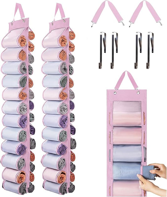 DHSFKBE Legging Organizer Storage, 2PCS T Shirt Organizer, Foldable Hanging Closet Organizer Storage with 26 Roll Independent Compartments for Yoga Pants, Tank Top, Towel, Underwear (Pink)