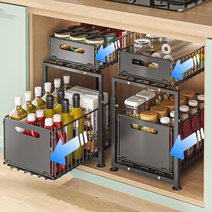 Under Sink Organizer, 2-Tier Multi-Use Kitchen and Bathroom Organizers and Storage, Slide Out Thickened Metal Under The Sink Organizer for Kitchen Bathroom Pantry (Style A Black, 2 Pack)