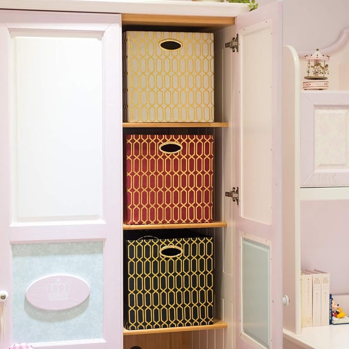 Posprica Storage Bins, Storage Cubes,13×13 Fabric Drawers Organizer Basket Boxes Containers (13×13×13/2pcs, Cream/gold geometry Pattern)