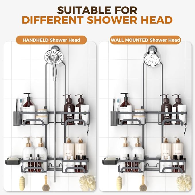 REINHARDT Split Shower Caddy Hanging for Handheld Showerheads, Grey | Adjustable Shower Organizer, Rustproof, 16 Hooks, Soap Holder, 40lbs Capacity, Anti-Slip, Tool-Free, Bathroom Accessories
