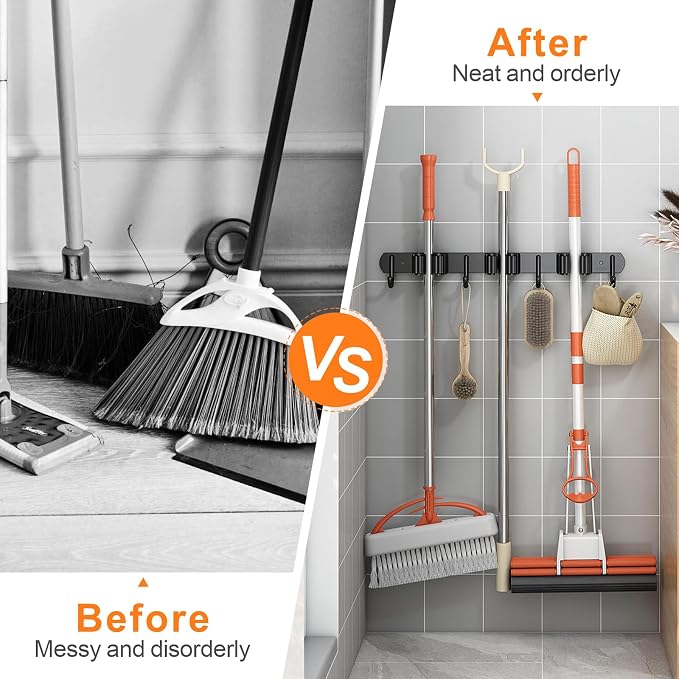 CUXIXA Mop and Broom Holder Wall Mount, Upgraded Broom Organizer Wall Mount, Stainless Steel Broom Hanger Wall Mount for Kitchen Garden Laundry Room Decor (3 Racks with 4 Hooks Black)