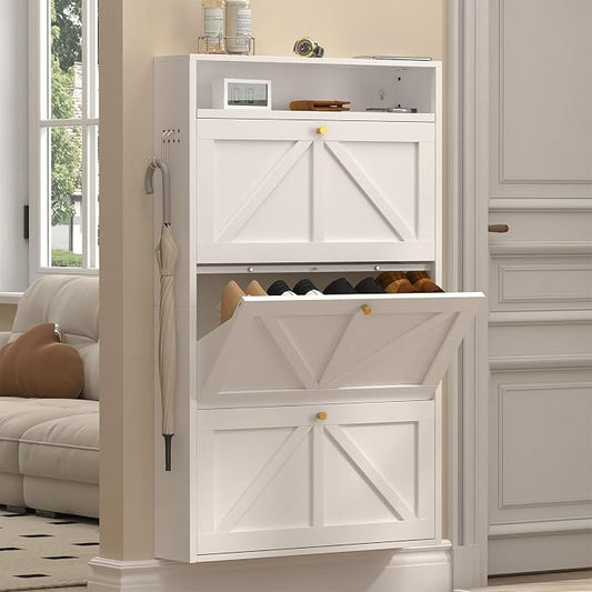 Front Door Shoe Storage, Hanging Shoe Rack with Drawers, 3-Tier Flip-Down Shoe Storage Cabinet for Entryway, Hallway, Narrow Behind the Door Shoe Cabinet, Space-Saving, White
